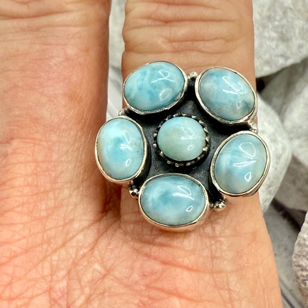 Sterling Silver Larimar Floral Cluster Ring Size 10 Boho Southwestern 925 - Picture 10 of 17